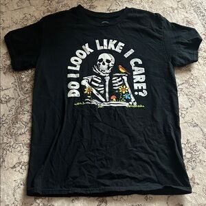 DOM Black Graphic Tee with Skeleton Design do I look like I care birds flowers